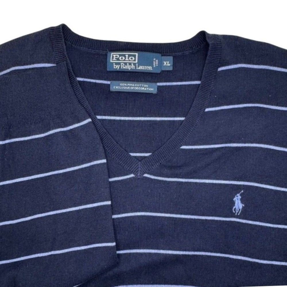Polo Ralph Lauren Sweater Mens XL Navy Striped‎ V Neck Pima Cotton Preppy